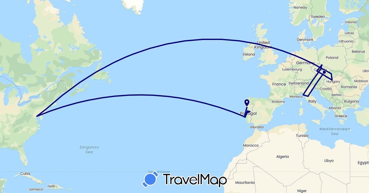TravelMap itinerary: driving in Czech Republic, Hungary, Italy, Portugal, Slovakia, United States (Europe, North America)